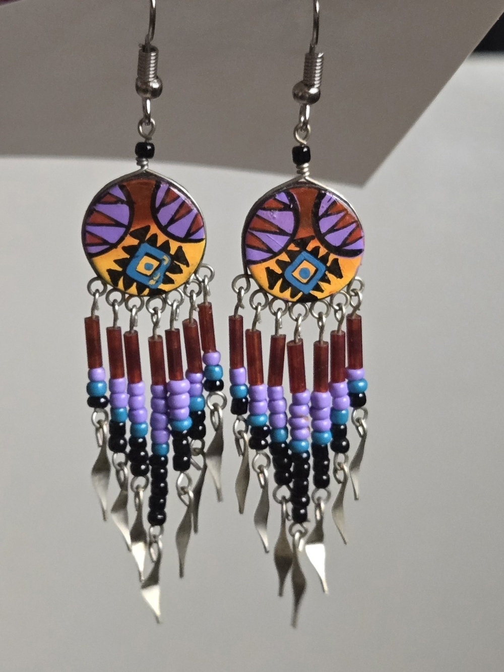 Vintage Purple, Yellow & Red Boho Beaded Dangle Earrings
